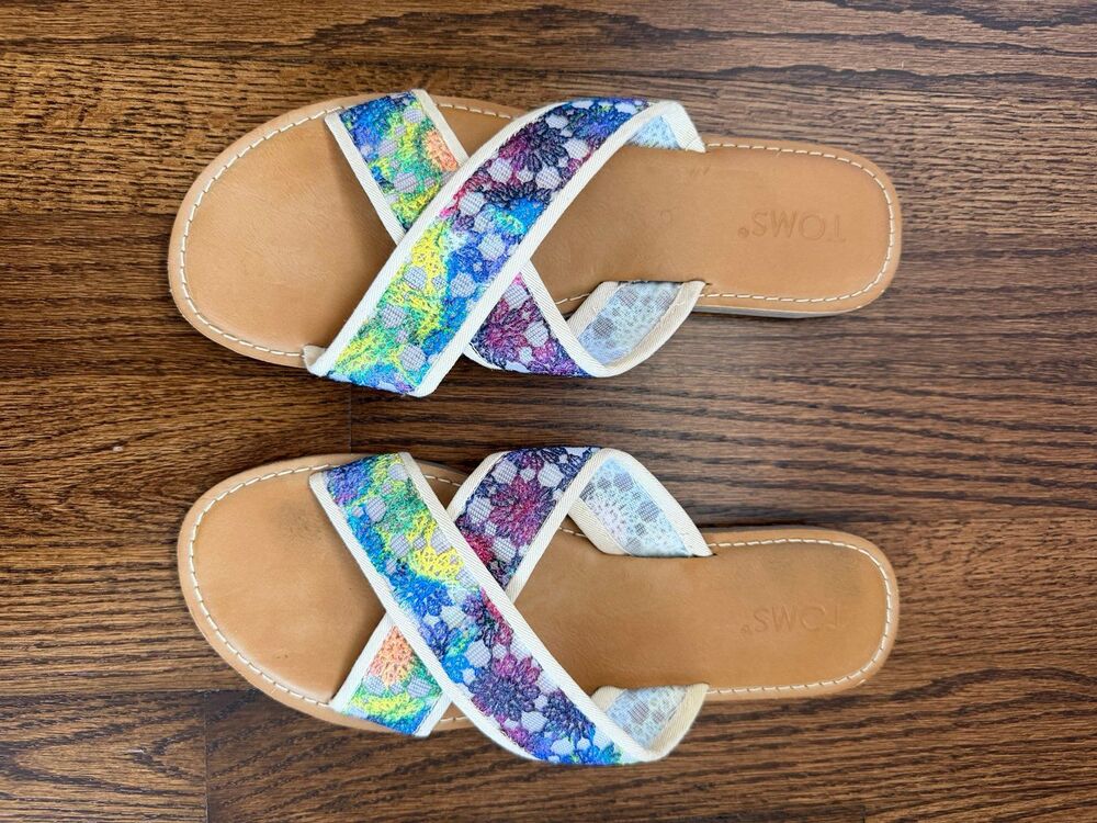 TOMS Viv Slide Sandals Womens Size 9 Crochet Lace Floral Multicolor Strappy